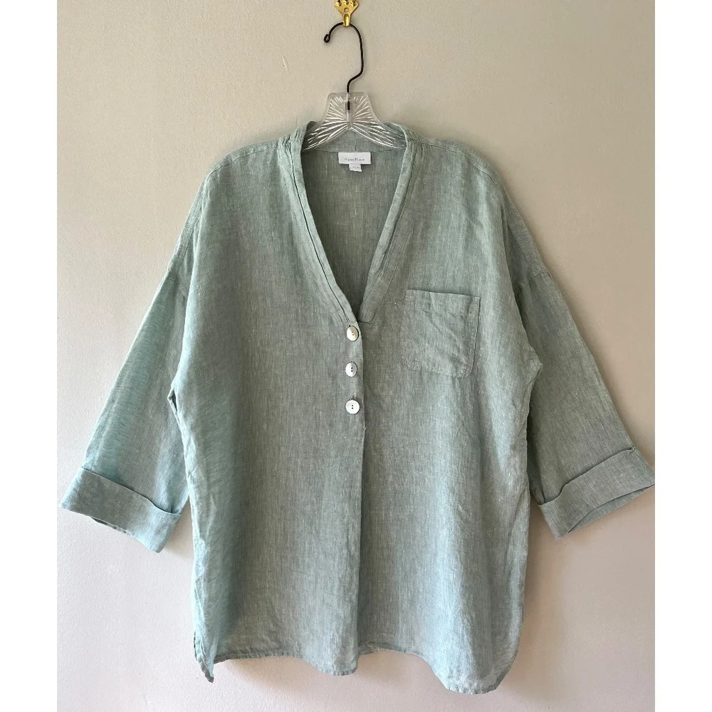 J.Jill Linen Woven Sage Tunic Relaxed Fit Blouse Summer V Neck Top Pocket Size L - Picture 2 of 10